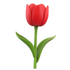 Fototapete - 3D cartoon tulip icon, red color, green stem, white background