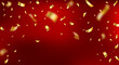 © Liubov - Anniversary background. Gold confetti falling frame. Winner red banner. Birthday surprise. Prize celebrate. Bright glitter flying. Holiday party. Golden festive tinsel. Vector illustration