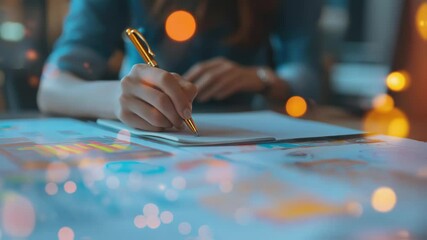 Poster - Professional businesswoman writing detailed notes on notebook, surrounded by colorful business charts and diagrams, with soft bokeh lighting illuminating workplace background