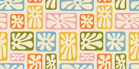 Fototapete - Colorful floral seamless pattern illustration. Vintage style flower frame background design. Geometric natural wallpaper print, spring season nature backdrop texture with flowers.