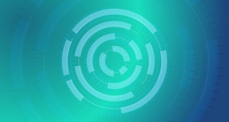 Poster - High-tech digital interface design featuring concentric circular elements in shades of blue and green. Abstract futuristic and cybernetic background.