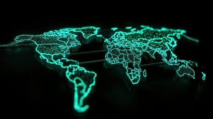 an illuminated digital world map glows against a dark backdrop
