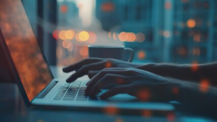 Poster - Freelancer typing on laptop keyboard during late night work session, surrounded by soft city lights bokeh, hot beverage resting near workspace