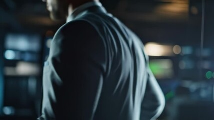 Aufkleber - Network administrator confidently rotating amid servers, displaying complex data visualizations and technological insights within dimly lit professional data center environment