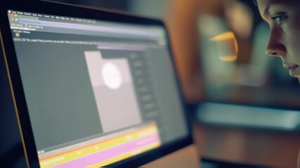 Poster - woman video editor working intently on computer screen during late night editing session in dark pro