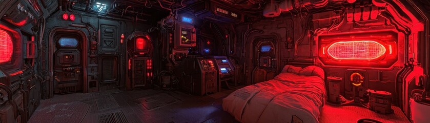 A dimly lit futuristic bedroom displays advanced technology and glowing lights