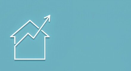House outline with upward arrow on a smooth turquoise background symbolizing growth and success in property investment
