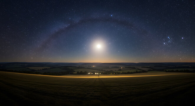 A star-strewn night sky stretches endlessly over the quiet countryside, where the silver moonlight casts long shadows upon the sleeping earth.