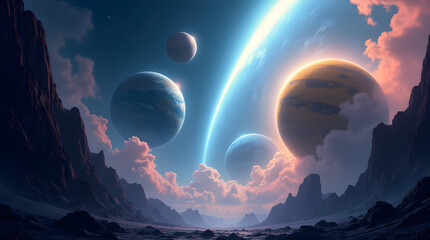 Wall Mural - Epic Exoplanet Landscape Multiple Planets Rocky Peaks Celestial Light Digital Art