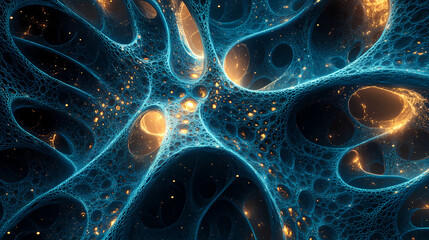 Neuron web glowing with intricate bioluminescent patterns, symbolic and artistic. Bioluminescent Web. Illustration