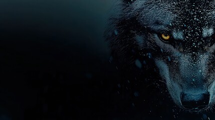  A close up of a black wolf with cold blue tones