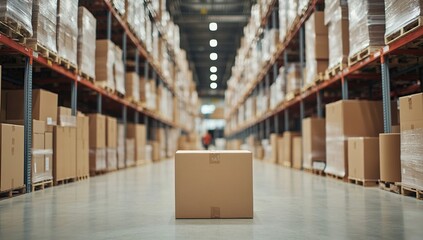 Poster - Warehouse Inventory: Cardboard Boxes Stacked High in Rows, Efficient Logistics and Storage Solutions.