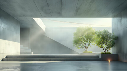 Wall Mural - Minimalist Concrete Building Sunlit Trees, Tranquil Zen Architecture for Serene Spaces