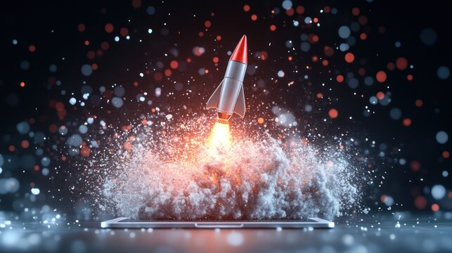 Digital Launch: Rocket blasting off from a tablet, symbolizing innovation, technology, and rapid growth.