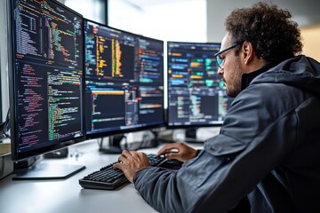 Fototapete - Professional programmer working at a modern desk with multiple monitors displaying complex coding data in a bright office environment