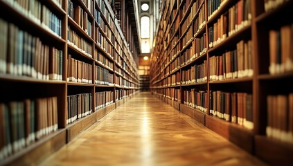 Poster - Exploring Literary Worlds: A Journey Through Infinite Bookshelves in a Grand Library