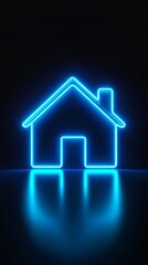 Poster - Neon house icon in glowing blue light with reflections. Futuristic design concept