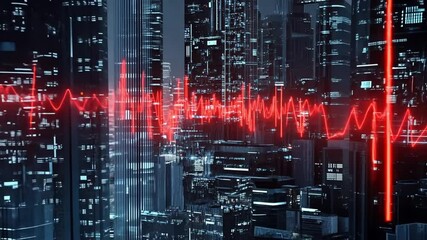 Poster - Urban skyline at night with heartbeat line overlaying buildings