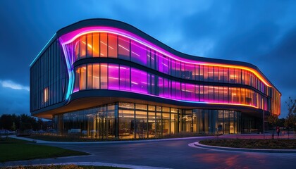 Poster - Modern architectural design of a futuristic building illuminated with colorful neon lights against a twilight sky in an urban setting