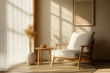 Aufkleber - Cozy living room corner with soft sunlight creating warm shadows in a calm, minimalist space featuring natural materials and a touch of greenery