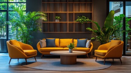 Poster - Bright and modern lounge area featuring vibrant yellow furniture and lush greenery in a stylish indoor space during daylight hours