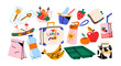 © Limpreom - Lunch and snack stickers set. Cartoon takeout boxes, sandwiches, drinks, snacks, and school lunch essentials. Fun doodle colorful illustrations for lunchtime and take away food