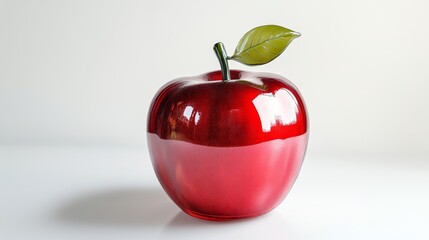 Poster - Glossy red apple with leaf on white background, minimalistic decor concept