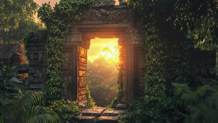 Wall Mural - golden sunlight streaming through weathered stone gateway, densely covered with verdant vines, revea