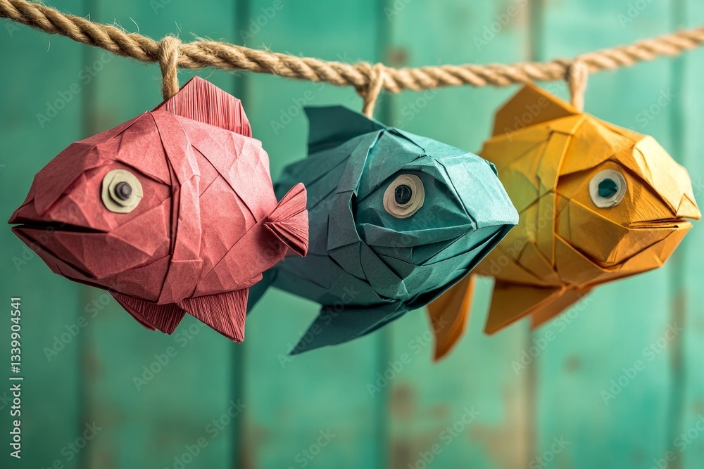 An April Fool's Day concept is depicted by paper fish in yellow, red ...