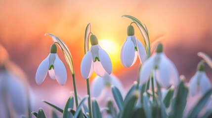 Aufkleber - Snowdrops in sunset light with a soft focus background. Nature and spring concept