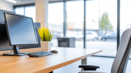 Poster - Modern office workspace with computer and plants, bright natural light from windows