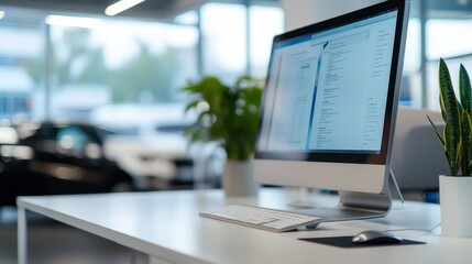 Poster - Modern workspace with a computer displaying information, plants, and cars in the background