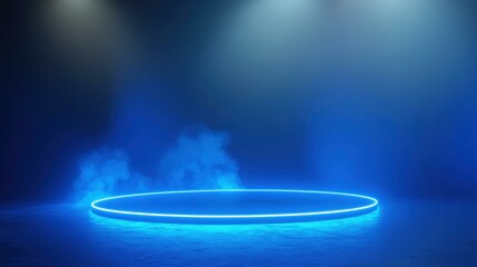Poster - A futuristic stage with a blue tech podium and a glowing circular effect, perfect for gaming and events.