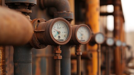 Poster - Rusty pressure gauges on industrial pipes, showcasing weathered machinery in a factory setting