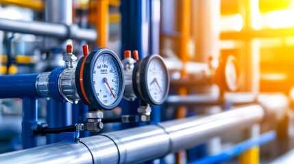 Poster - Industrial pressure gauges on pipes in a factory setting, showcasing machinery and vibrant color