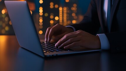 Aufkleber - Business professional working late at night on a laptop with city light in the background
