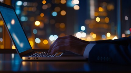 Aufkleber - Business professional typing on laptop at night with city light in the background
