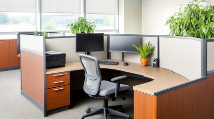 Poster - Modern office workspace featuring ergonomic chair, dual monitors, printer, and greenery