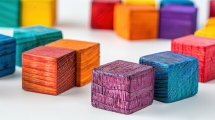 Poster - A vibrant collection of colorful wooden blocks creates a lively spectrum against a clean white backdrop. Perfect for creative projects