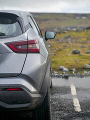 Wall Mural - A silver car is parked by a grassy field. Travel to nature concept. Selective focus. Nobody.