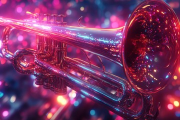 A shiny, new trumpet gleams amidst bright, colorful bokeh lights. Use to evoke music, celebration, and festive or holiday cheer.