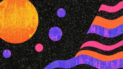 Poster - Abstract Neon Swirling Composition with Circular Shapes and Wavy Patterns on Dark Background