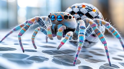 Vibrant Rainbow Jumping Spider on Web Detailed Macro Shot of Colorful Arachnid
