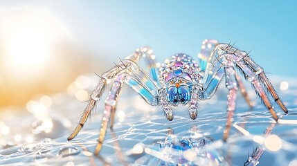 Sparkling iridescent spider on a dew covered web close up macro photography