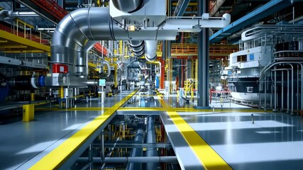 Poster - Industrial facility showcasing advanced piping systems and machinery in a modern production area