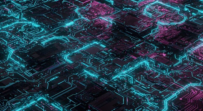 Abstract motherboard circuit design in vibrant blue and magenta glow style