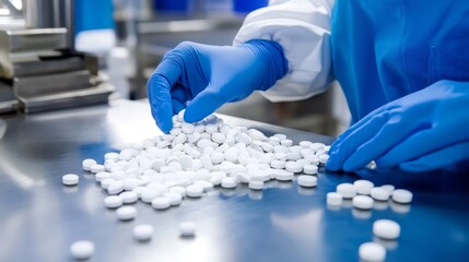 Poster - Worker in blue gloves carefully sorting white pills on a stainless steel table in a pharmaceutical lab