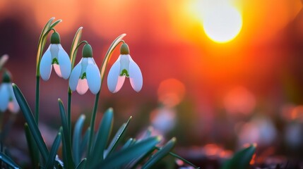 Poster - Snowdrops in bloom under vibrant orange sunset. Spring awakening and renewal concept