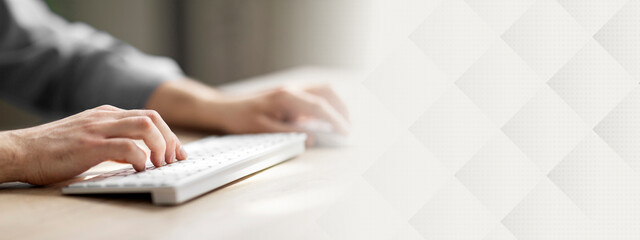 Poster - Unrecognizable Man Typing On Computer Keyboard And Using Wireless Mouse While Sitting At Desk, Cropped Shot Of Young Office Employee At Workplace, Writing Email, Working On Pc, Closeup