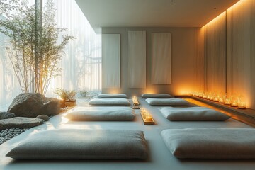 Poster - tranquil wellness retreat with meditation mats and calming lighting captured in a serene indoor spac
